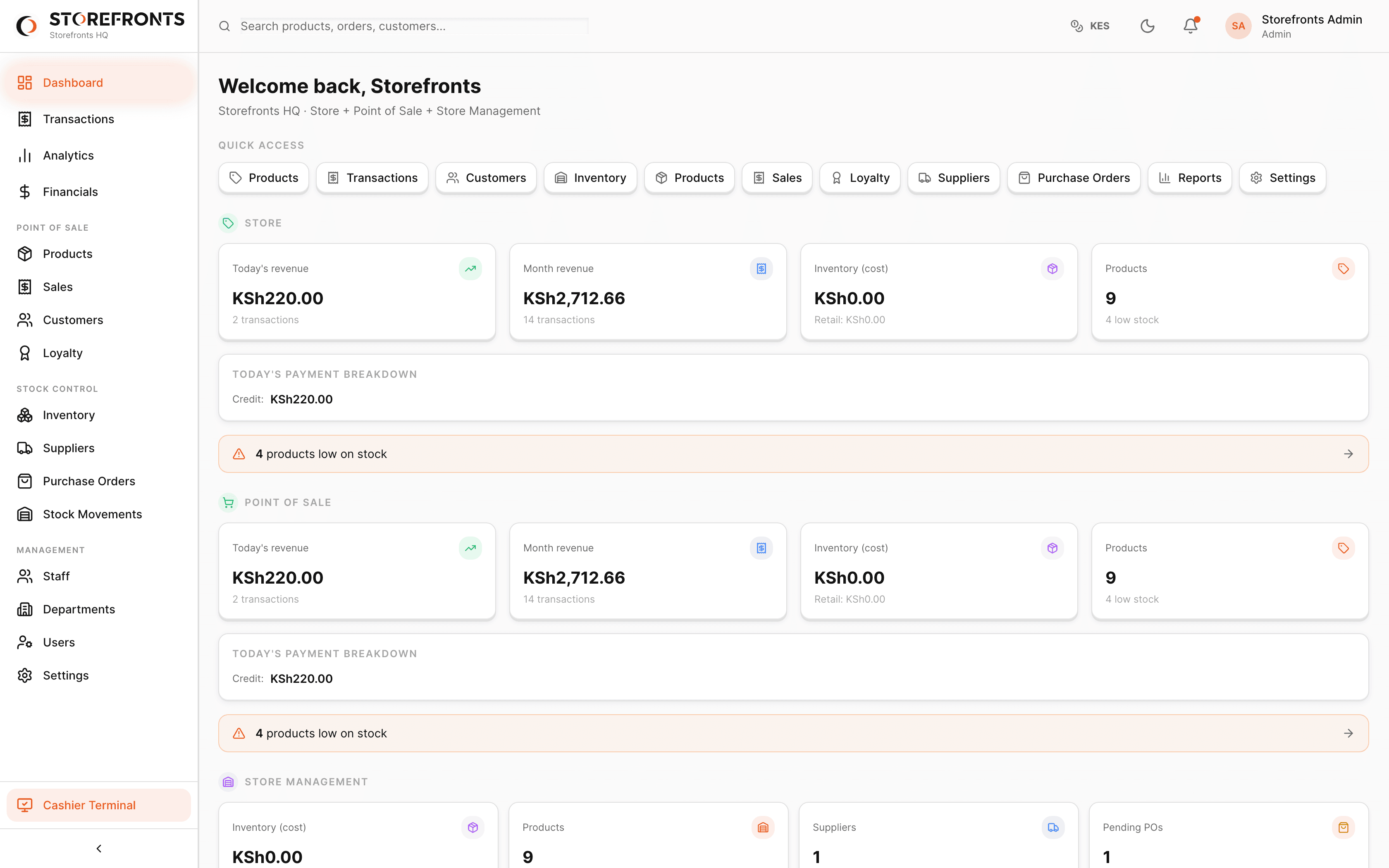 Storefronts admin operations dashboard
